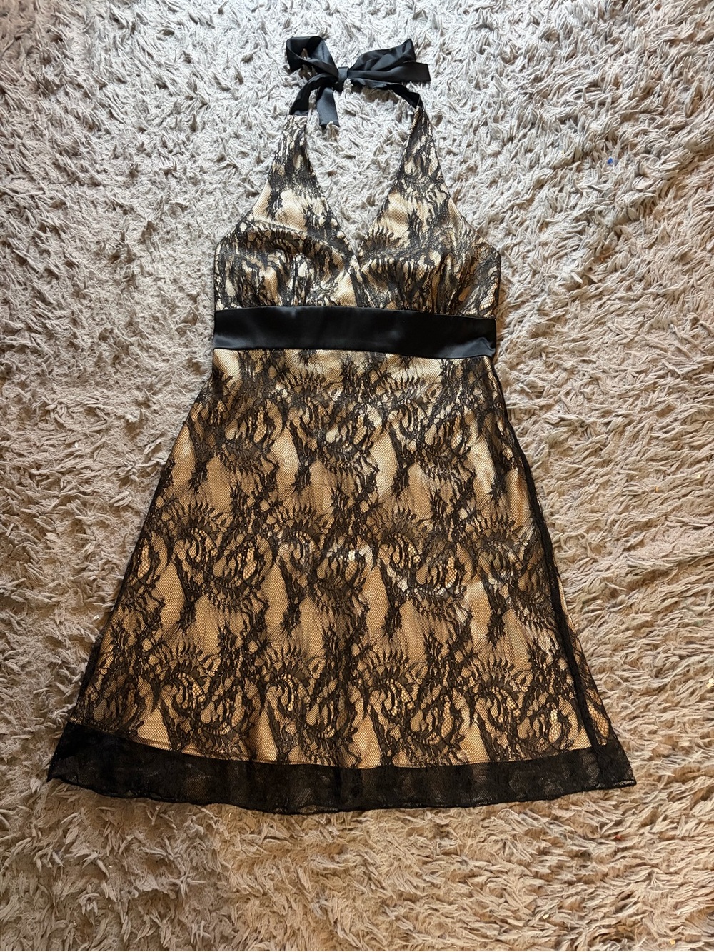 Y2K Jones New York gold lined black lace overlay empire waist halter dress sz 12